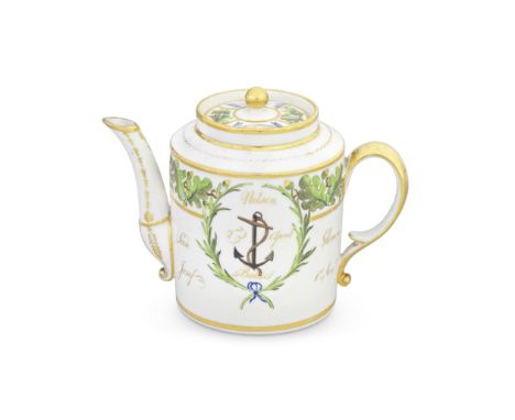 A London-decorated Paris porcelain teapot and cover from the 'Baltic' service, circa 1802Of cylindrical shape, decorated with
