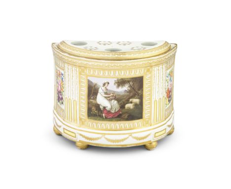 A Coalport bough pot and cover by Thomas Baxter, dated 1801Of semi-circular or 'D' shape with moulded columns and raised on f