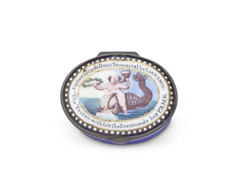 A South Staffordshire enamel patch box, early 19th centuryPainted with a putto holding a laurel wreath and trumpet-like shell