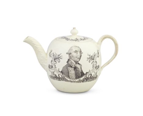 A rare Wedgwood creamware teapot and cover, circa 1780-82Printed in black by Sadler and Green of Liverpool with a portrait of