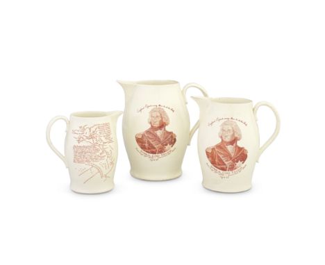 Nelson and Trafalgar: three graduated creamware jugs, circa 1805-10Printed in red with a portrait of 'ADMIRAL LORD NELSON, Bo