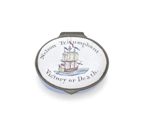 A South Staffordshire enamel patch box, early 19th centuryPrinted and hand-coloured with a Man of War, with the striking mott