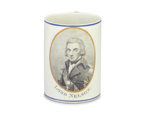 A pearlware frog mug, circa 1805Probably Herculaneum, finely printed with a large portrait of 'Lord Nelson', flanked by two p