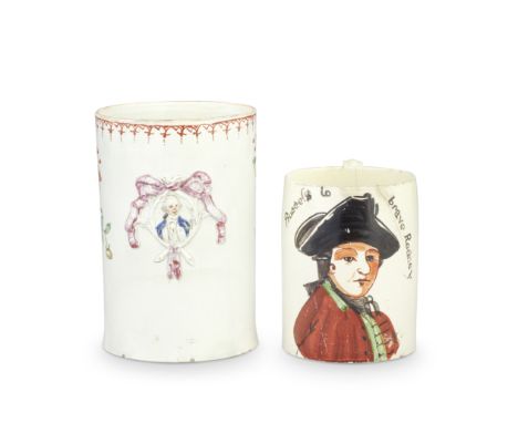 Admiral Lord Rodney: Two earthenware mugs, late 18th centuryThe creamware example painted with a bold portrait of the admiral