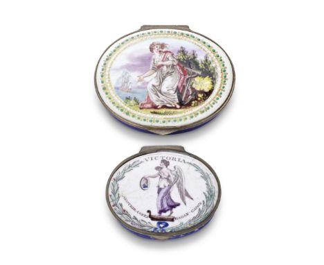 Hope and Victory: Two South Staffordshire enamel patch boxes, early 19th centuryPrinted and hand-coloured, the larger example