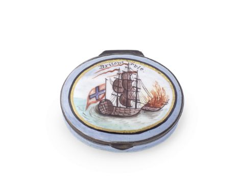 An unusual South Staffordshire enamel patch box, early 19th centuryPainted with two ships, one engulfed in flames, the legend
