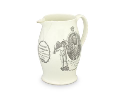 Battle of the Nile: A creamware jug, circa 1800Printed in black with a portrait of Nelson, putti representing Fame and Victor