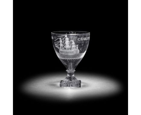 An engraved Admiral Lord Howe commemorative rummer, circa 1795-1800The generous ovoid bowl with a three-masted man-of-war in 
