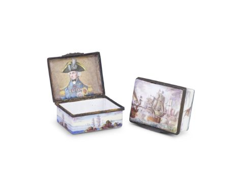 Two large Samson enamel boxes, circa 1900The hinged covers fully painted with British and French ships engaged in battle, the