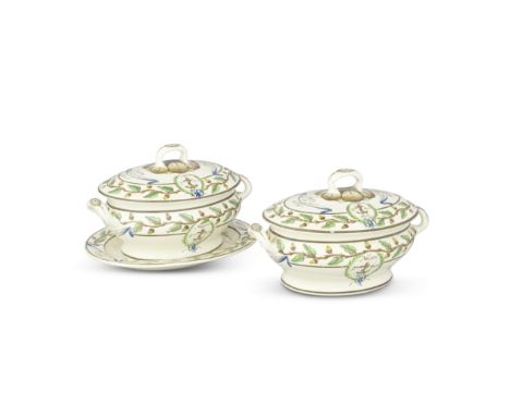 A pair of creamware tureens and covers and one stand from the 'Baltic Set Dinner Service', circa 1802Painted with borders of 