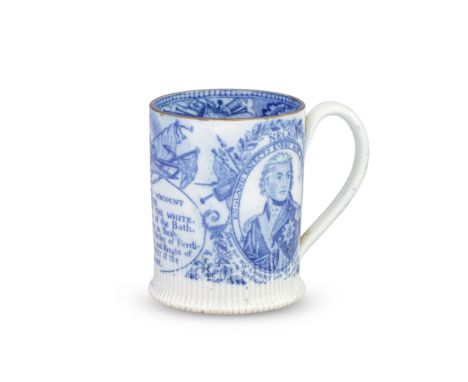 A small pearlware mug, circa 1805-10The neatly turned spreading foot with fine fluting, printed in blue with two oval cartouc