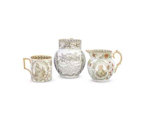 Two pearlware jugs and a mug, circa 1805-10Elaborately printed in brown with two oval cartouches reserving a portrait of Nels