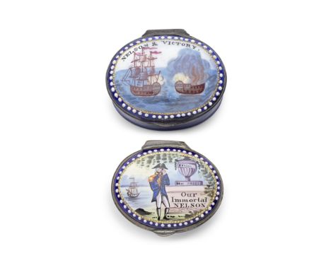 Two South Staffordshire enamel patch boxes, early 19th centuryThe deep blue grounds with raised dot and gilt line borders, wi
