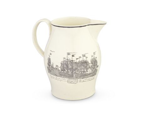 Battle of the Nile: a large creamware jug, circa 1800Printed in black with an animated naval engagement 'Lord Nelson engaging