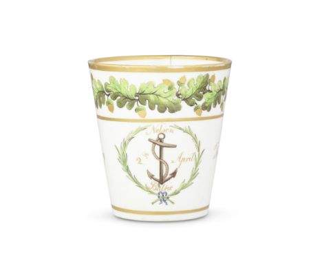 An English porcelain tumbler, probably Spode, from the 'Baltic Service', circa 1802-04Of plain tapering shape, the border wit