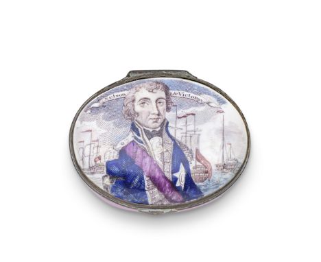 A South Staffordshire enamel patch box, early 19th centuryFinely printed and hand-coloured with a half-length portrait of Nel