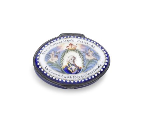 A South Staffordshire enamel patch box, early 19th centuryFully painted with a portrait of Nelson in a crowned laurel wreath,