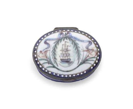 A South Staffordshire enamel patch box, early 19th centuryPainted with HMS Victory, within a laurel wreath, tied with a blue 