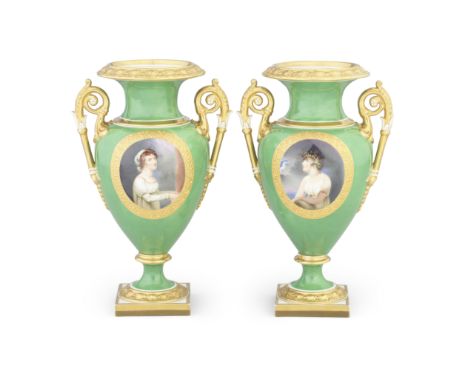 A pair of Flight, Barr and Barr Worcester vases by Thomas Baxter, circa 1814-16Of classical amphora shape with gilt scroll ha