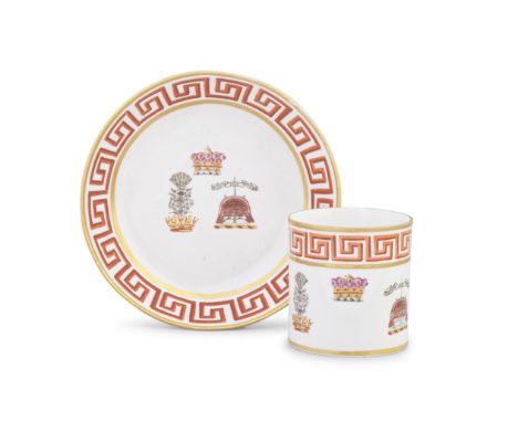 A Spode coffee can and saucer from the Reverend William Nelson service, circa 1806-08The can with a distinctive kicked handle