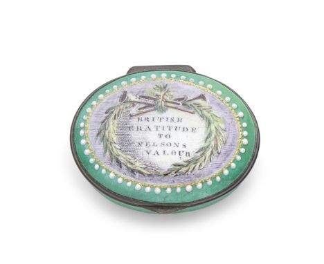 A South Staffordshire enamel patch box, early 19th centuryPrinted and hand-coloured with a laurel wreath hung from two trumpe
