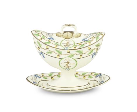 A creamware dessert tureen and cover from the 'Baltic Set Dinner Service', circa 1802Of oval shape, on a fixed stand, enamell