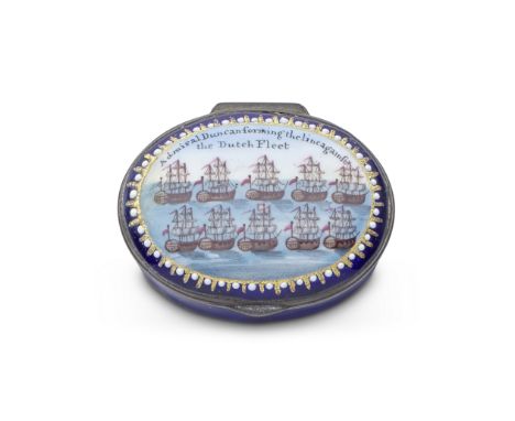 Battle of Camperdown: a South Staffordshire enamel patch box, circa 1800Painted with ten ships in neat formation, inscribed '