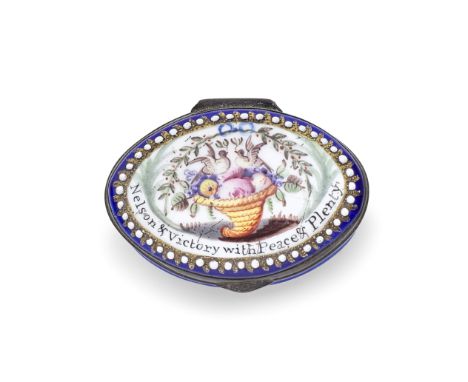 A South Staffordshire enamel patch box, early 19th centuryPainted with a pair of doves perched on a cornucopia, laurels and p