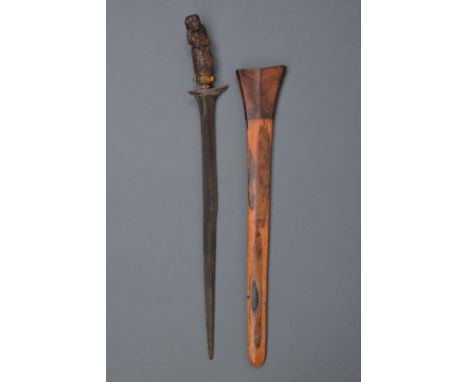 dating: 19th/20th Century provenance: Bali, Straight, double-edged blade in pamor, wooden ukiran embossed with a deity, brass