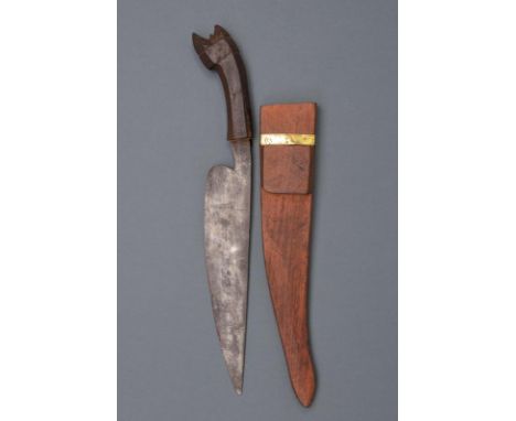 dating: 20th Century provenance: Indonesia, Wide, single-edged blade. Wooden hilt with embossed pommel. Wooden scabbard with 