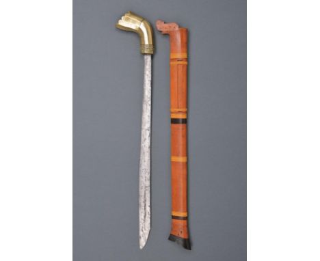 dating: 19th Century provenance: Sulawesi, Straight, single-edged blade, in pamor (crack); typical, angled, brass hilt (damag