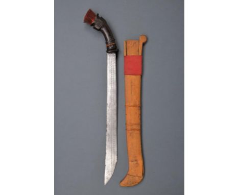 dating: 19th Century provenance: Mindanao, Wide, straight, single-edged blade, engraved with bands; curved, horn, embossed gr