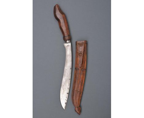 dating: 20th Century provenance: Indonesia, Strong, curved, kukri type, single-edged blade. Wooden, embossed grip. Wooden, em