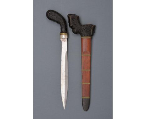 dating: early 20th Century provenance: Sumatra, Straight, double-edged blade, ribbed in the center; nice, dark wooden grip, r