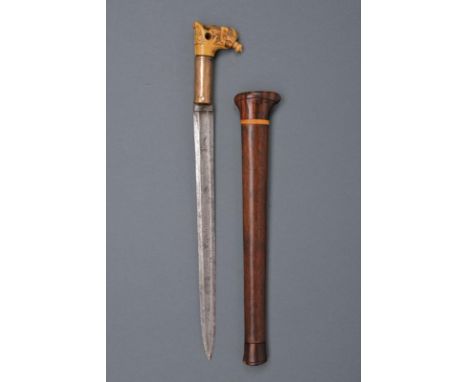 dating: circa 1900 provenance: Borneo, Straight, double-edged blade in pamor, with central fuller and tang; bone hilt of typi