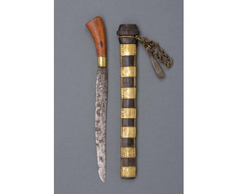 dating: 20th Century provenance: Indonesia, Simple, single-edged blade. Wooden grip. Wooden scabbard with brass mounts. Small