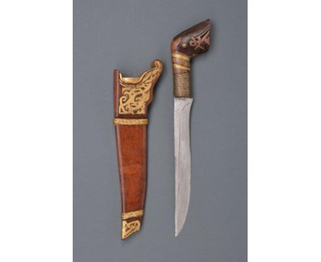 dating: 20th Century provenance: Indonesia, Wide, single-edged blade. Wooden hilt, angled, chiselled and colored pommel, the 