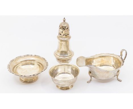 A group of table silver to include:1. George V caster, hallmarked S Blankensee & Co., Birmingham, 19202. Georgian style small