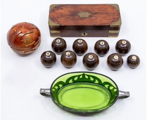 A collector's lot to include: Puzzle ball, razor box and carpet bowls Art Nouveau pewter shaped oval butter dish, stamped 060