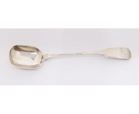 A George III Provincial probably Scottish fiddle pattern caddy / condiment spoon, engraved with initial, makers' mark J.G pos