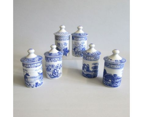 A Set of Six 20th century Spode ‘The Blue Room Collection, Herb jars and covers. Titled, Parsley- Alsops fables. Sage-Portlan