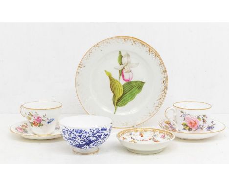 A group of Derby porcelain, including a gold mark dessert plate, painted with a white petalled ladies slipper, by John Brewer