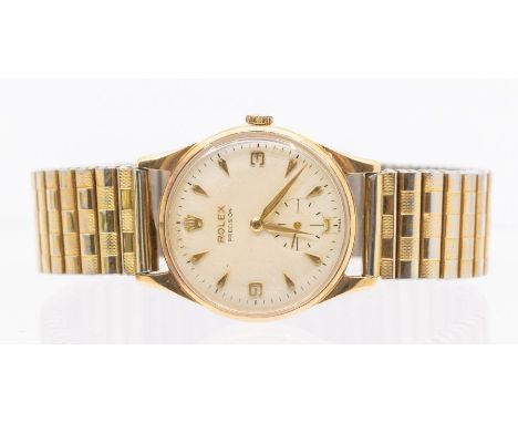 Rolex- a gents 9ct gold Rolex Precision wristwatch, round cream tone dial with applied gilt arrow and number markers, subsidi