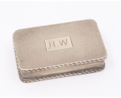 An Elizabeth II snuff box, with husks of wheat borders, the engine turned cover with rectangular cartouche engraved with init