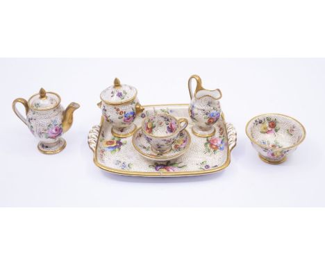 A 19th Century Spode miniature cabaret set, comprising: teapot, milk jug, cup and saucer, sucrier and cover, slop bowl and tr