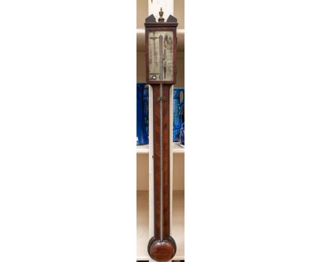 C Corty of London mahogany stick barometer with exposed tube. Brass silvered dial with thermometer and scale sider, glazed do