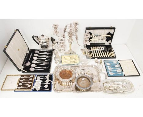 A collection of silver plate, EPNS, EP to include: Victorian silver plate four branch candelabra; large Georgian style two ha