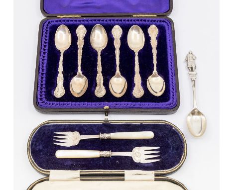 An American sterling silver teaspoon, the terminal cast as Roger Williams stamped: H C WHITTLER, by Gorham, STERLING; a set o