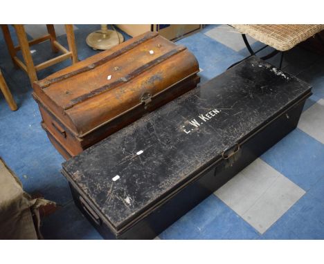 A Scumble Glazed Metal Travelling Trunk, 60cm wide and a Black Painted Metal Travelling Box Inscribed E W Keen, 180cm Long 