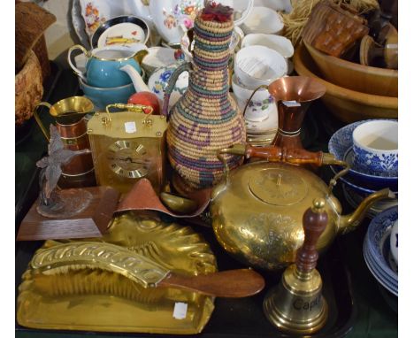 A Tray of Copper and Brass Ware to Include Brass JS&amp;S Crumb Tray and Brush, Teapot, Copper Study of a Canadian Goose, Jug